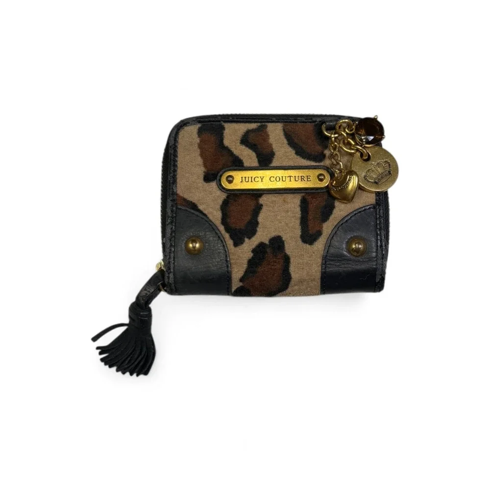Juicy Couture Leopard Print Zip Around Wallet Y2K Velour Tassel Gold Charms